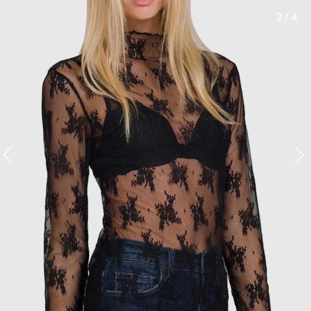Sheer Black Lace Long-Sleeve Top - Women's